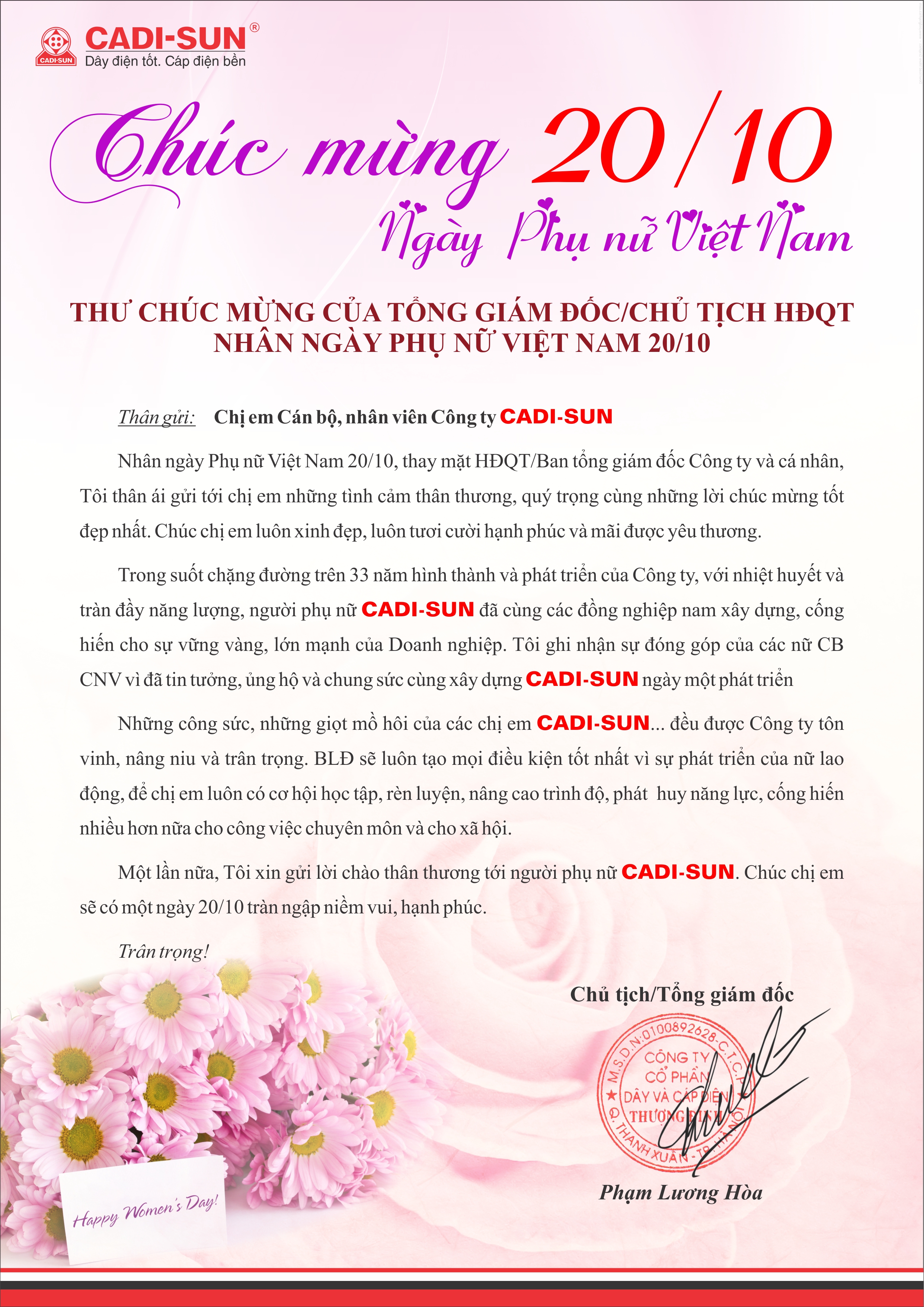 Thư chúc mừng của TGĐ/chủ tịch HĐQT nhân ngày phụ nữ Việt Nam 20-10